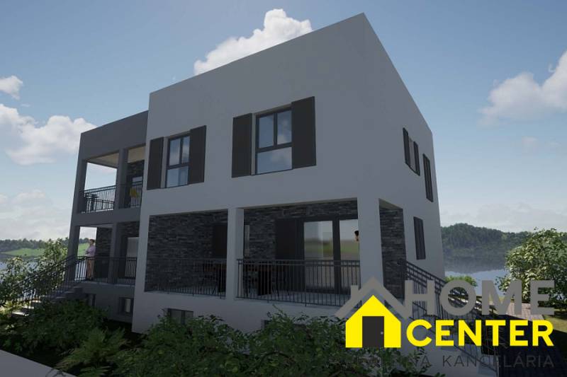 A recreational apartment on Čiovo with a view of greenery and modern architecture.