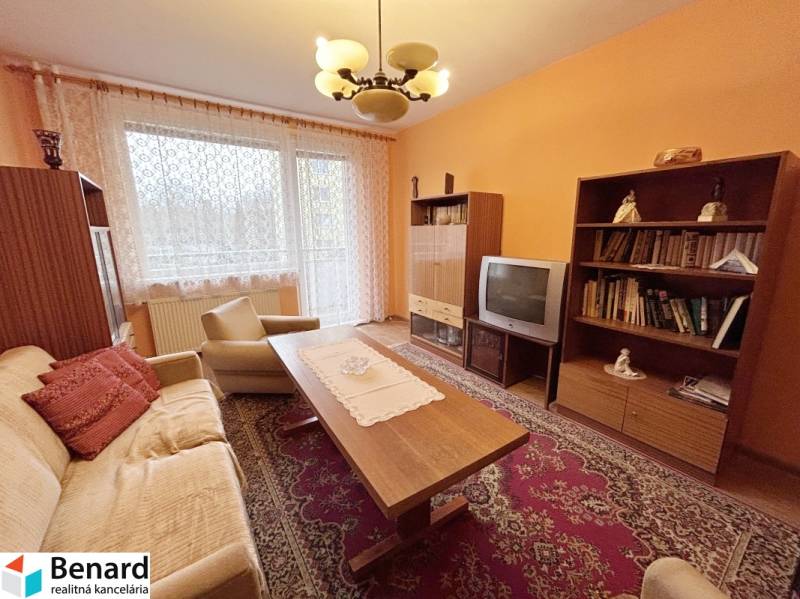 Living room in a two-room apartment with a wooden decor floor and retro furniture.