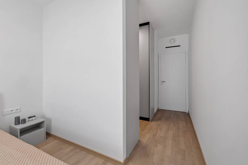A hallway in a 2-room apartment with a wood-patterned floor and light-colored walls.