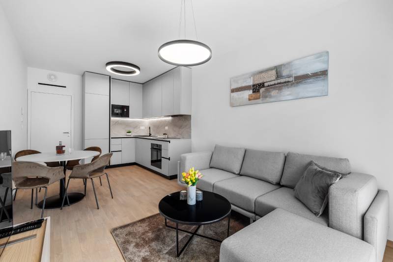 Stylish living room and kitchen in a two-room apartment with a wooden decor floor.
