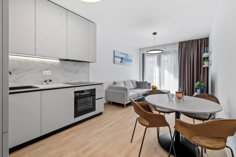 Kitchen and living room in a 2-room apartment with a wooden decor floor and a comfortable sofa.