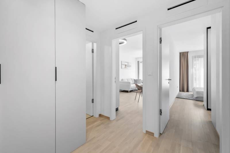 A hallway in a 2-room apartment with a wooden decor floor and two rooms.