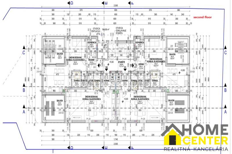 Floor plan of a recreational apartment with four living spaces and balconies.