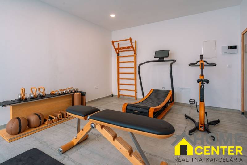 Gym in the villa with equipment: bench, treadmill, dumbbells, wooden ladder.