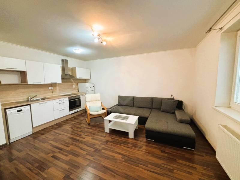 Living room in a two-room apartment with a corner sofa and a kitchen unit.