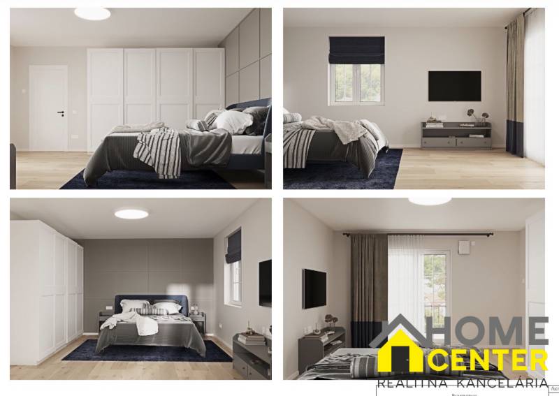 Bedroom in a 3-room apartment with a bed, television, and floor with wood decor.