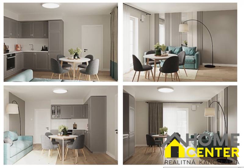 Interior of a 3-room apartment with a kitchen, dining table, and living area. Floor with wood decor.