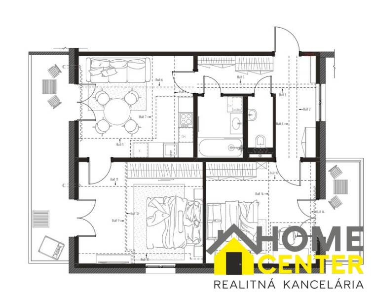 Floor plan of a 3-room apartment with two balconies, a kitchen, and a bathroom.