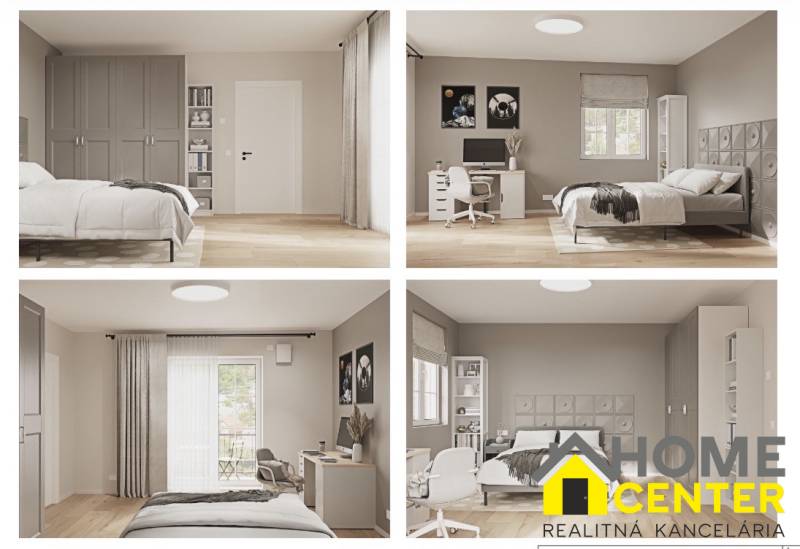 Bright bedroom with wood-patterned flooring, a desk, and a large window in a 3-room apartment.