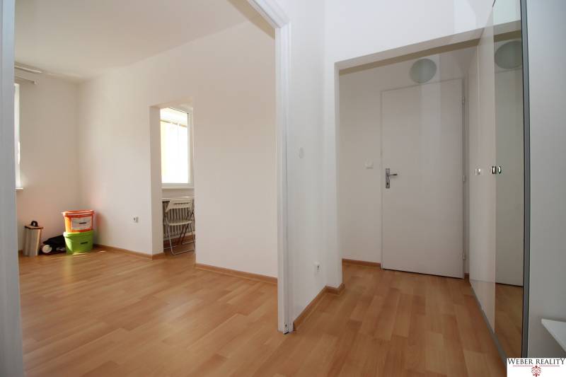 Interior of a 1-room apartment, white walls, floor with wood decor, built-in wardrobe.