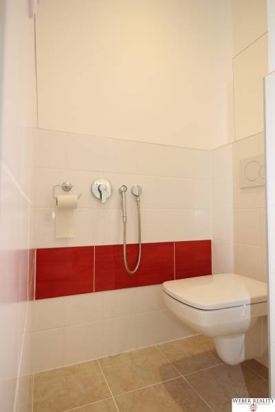 A bathroom in a one-room apartment with a beige floor and red tiles on the wall.