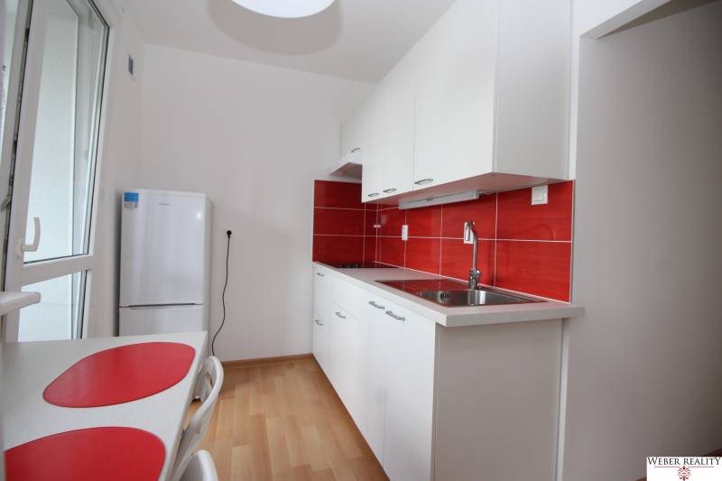 White kitchen with red tiles, dining table, and wood-patterned flooring in a studio apartment.