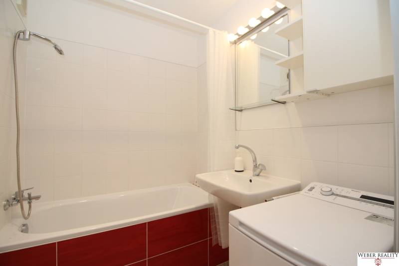 A bathroom with a bathtub, sink, and washing machine in a studio apartment. White and red tiles.