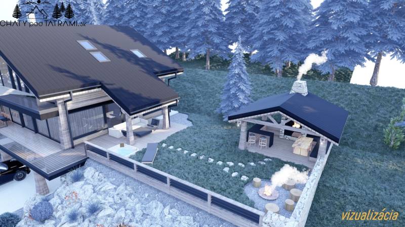 Visualization of a recreational cottage with a gazebo and a fireplace in the location Pozemky - bývanie, Mýto pod Ďumbierom.