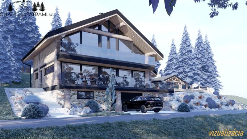 Wooden cottage with a glass terrace in a winter landscape in Mýto pod Ďumbierom.