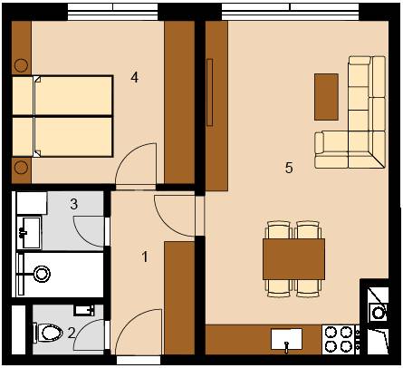 Floor plan of a 2-room apartment: bathroom, toilet, hallway, bedroom, living room with kitchen.