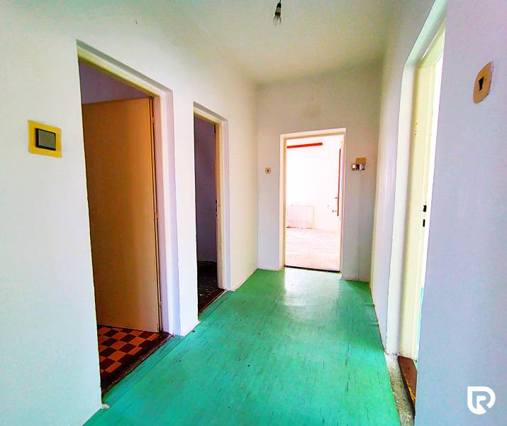 A corridor in a family house with a green floor, white walls, and several doors.