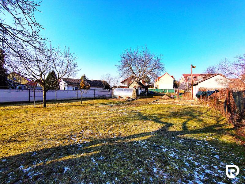 The garden of a family house on Sadova Street in Borský Mikuláš, covered with fine snow.