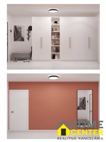 In the 2-room apartment, there is a white storage space and an orange wall with a door.