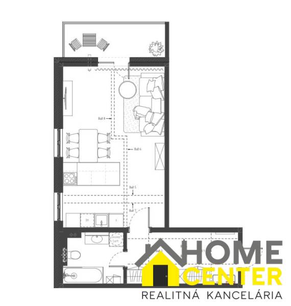 Floor plan of a 2-room apartment with a kitchen, living room, and balcony.
