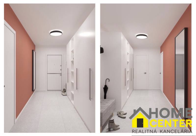 Built-in wardrobes and a shoe cabinet in the hallway of a 2-room apartment. Light colors dominate.