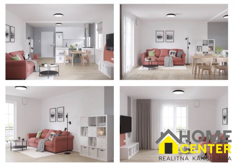 Interior of a 2-room apartment with a wooden decor floor, a red sofa, and a dining table.