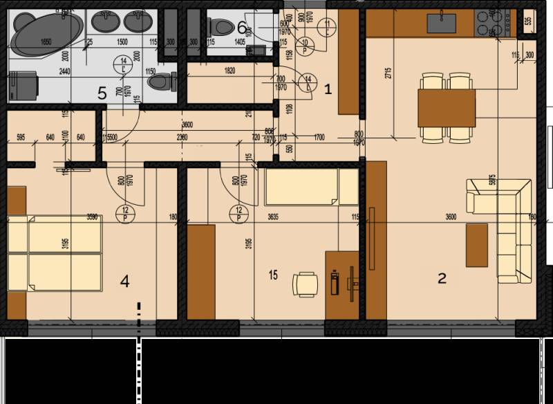 Floor plan of a 3-room apartment with furnishings, bathroom, kitchen, and wooden decor flooring.