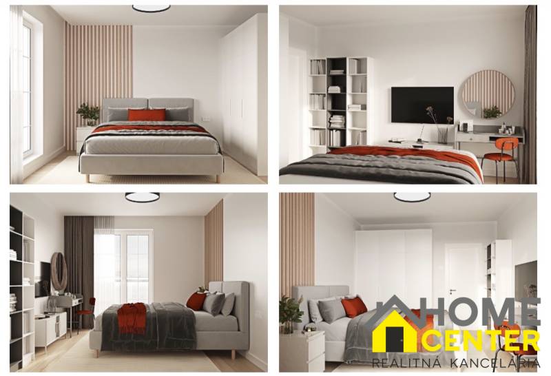 A bright bedroom with an upholstered bed, white wardrobes, and a work corner in a 2-room apartment.