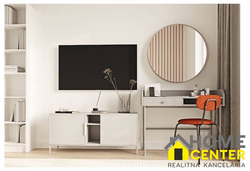 Interior of a 2-room apartment with a television, mirror, and table in a minimalist style.