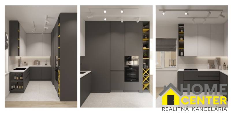A kitchen in a studio apartment with dark cabinets and storage space.