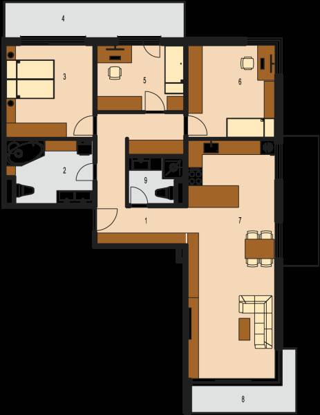 Floor plan of a 4-room apartment with a living room, kitchen, three rooms, two balconies, and a bathroom.