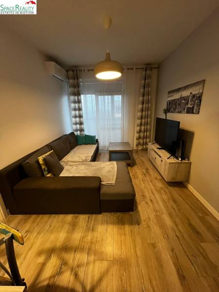 Living room in a 2-room apartment with a comfortable sofa and a wooden-patterned floor.