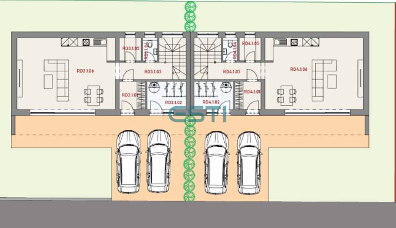 Floor plan of a family house with two residential units, parking spaces, cars.