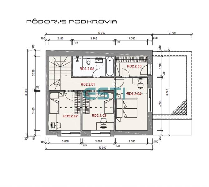 Floor plan of the attic of a family house with the layout of rooms and dimensions.