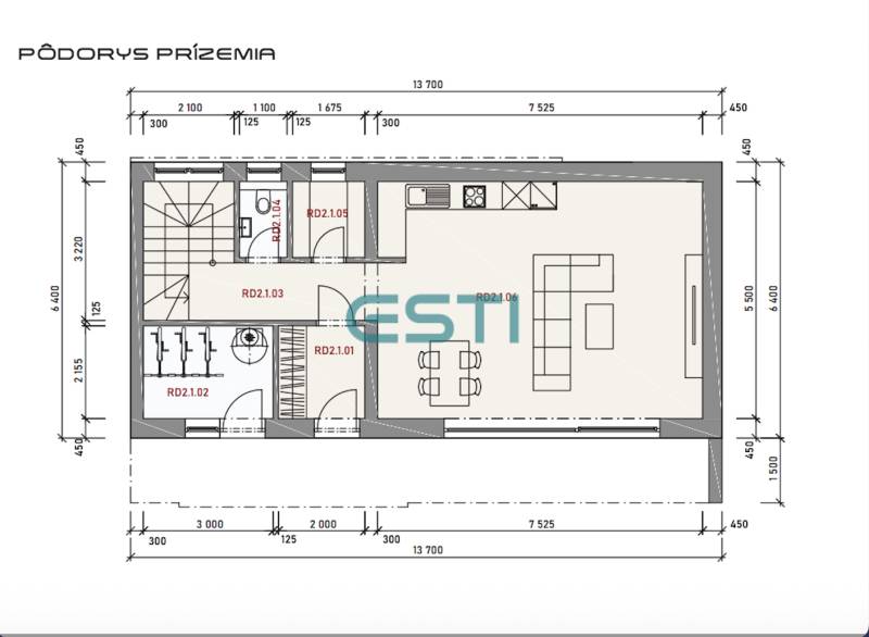 The ground floor plan of the family house shows the rooms, kitchen, and living area.