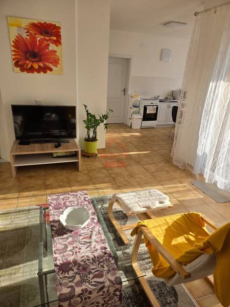 Living room in a family house with a sofa, television, and a view of the kitchen.