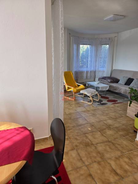Living room in a family house with a window, a yellow armchair, and a table.