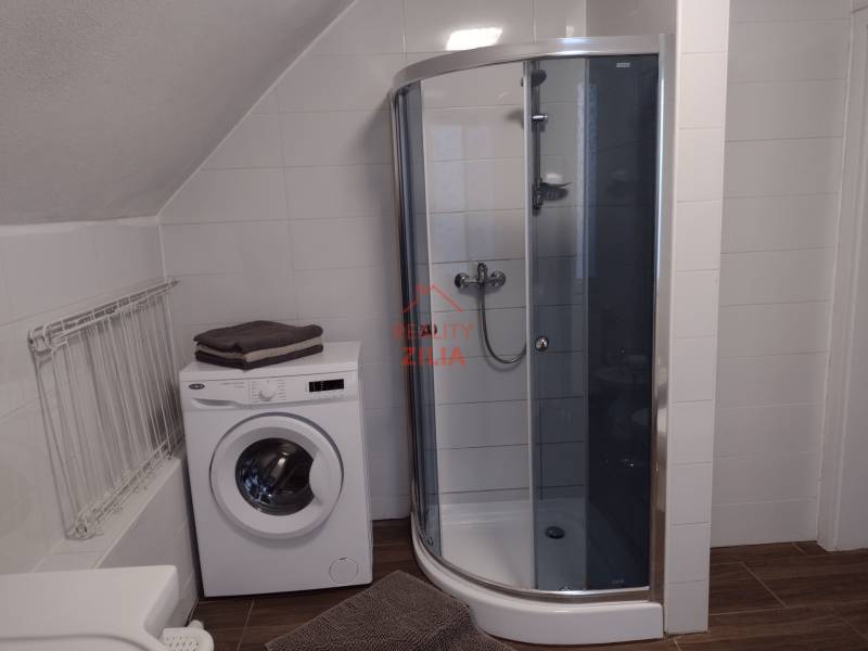 A bathroom in a family house with a washing machine, a shower corner, and a floor with a wooden decor.