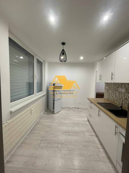 Kitchen in a studio apartment with wood-patterned flooring and modern lighting.