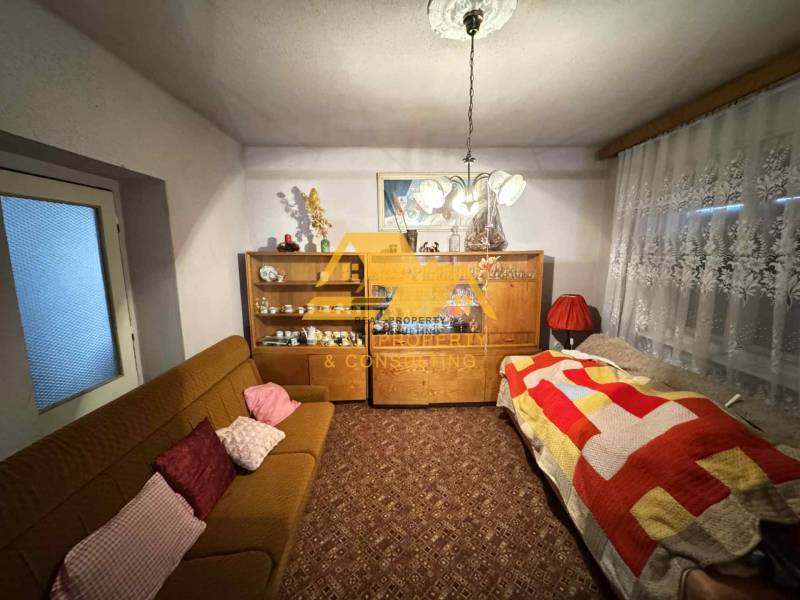 Living room in a family house with a carpet, sofa, and a cabinet with porcelain.