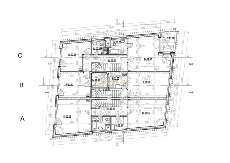Floor plan with room labels and technical specifications for 2-bedroom apartments.