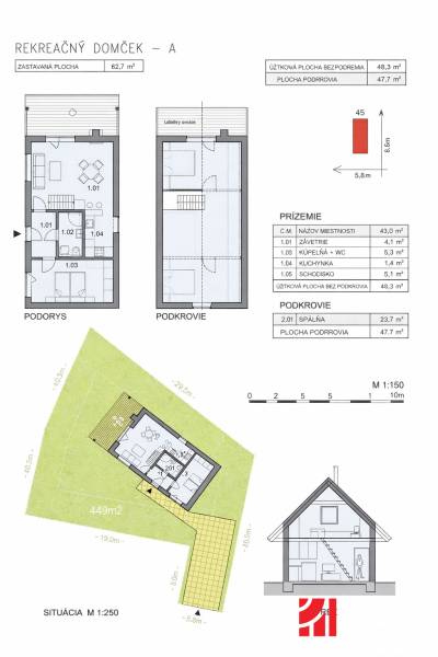 Floor plan of a recreational cottage with an attic, showing rooms and dimensions.