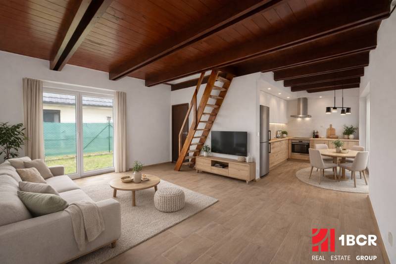 Living room with kitchen in a family house, stairs, sofa, television, dining table, wooden decor flooring.
