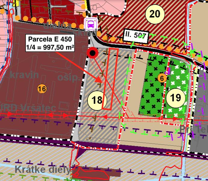 Map of locations available for commercial land in Pruské. Plot E 450 marked.