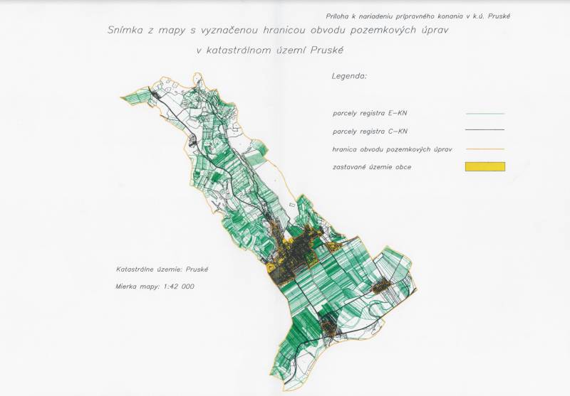 Cadastral map of the Pruské area with the boundary of land adjustments, plots - commercial.