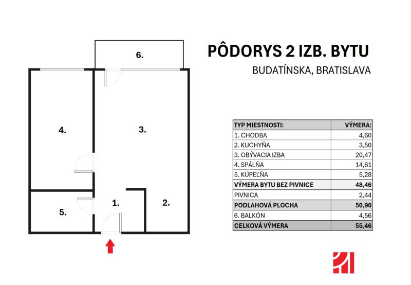 Floor plan of a 2-room apartment on Budatínska Street in Bratislava with exact room measurements.