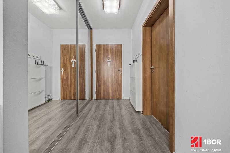 A hallway in a 2-room apartment with a wooden decor floor and a built-in wardrobe.