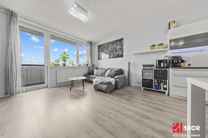 Living area of a 2-room apartment with a sofa, table, and wooden decor flooring.