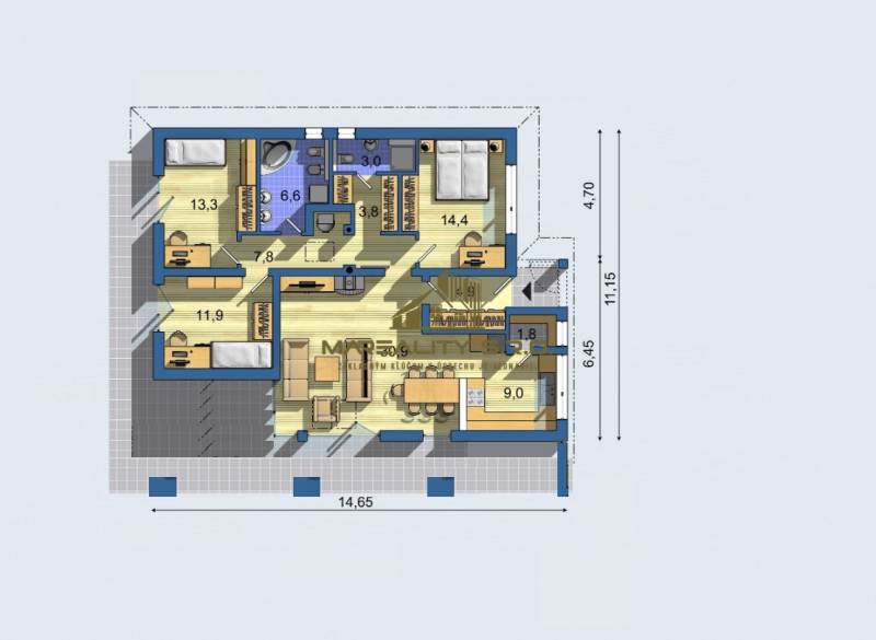 Floor plan of a family house with three bedrooms, a bathroom, and a living room. Floor with wooden decor.