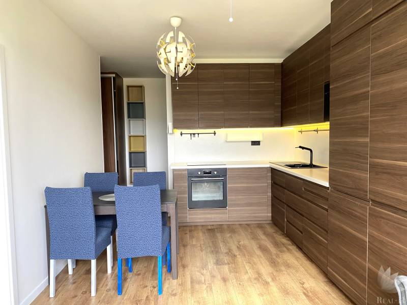 A kitchen in a 3-room apartment with a dining table, modern lighting, and a floor with a wooden decor.